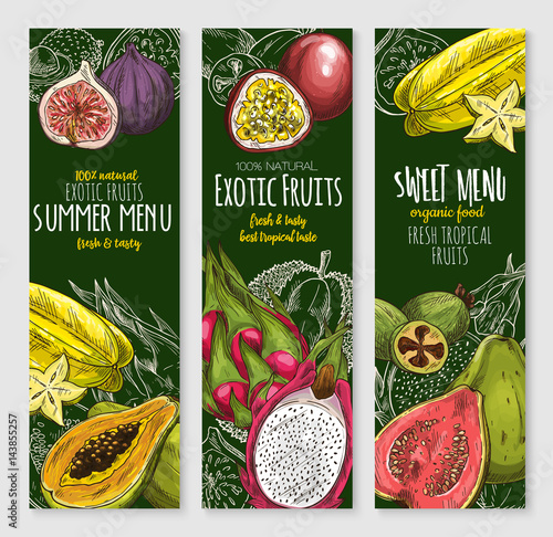 Vector banners set of exotic tropical fresh fruits