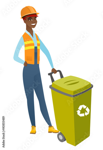 African-american builder pushing recycle bin.