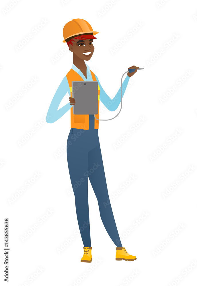 African electrician with electrical equipment.