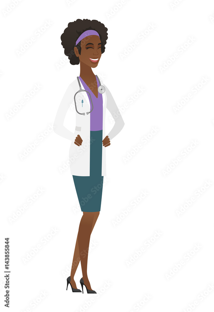 African-american doctor in medical gown laughing. African-american doctor in medical gown laughing.