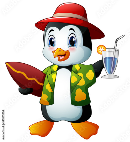Cartoon penguin with cocktail drink and surfboard
