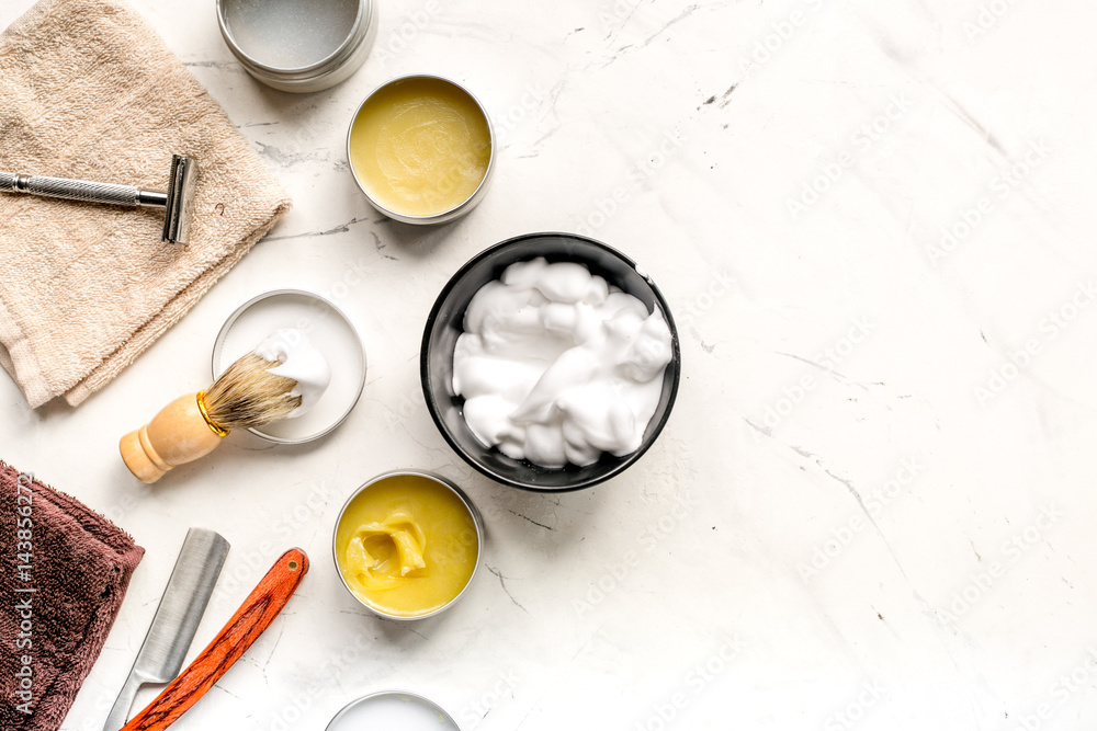 Tools for shaving in barbershop on workplace background top view mockup Tools for shaving in barbershop on workplace background top view mockup