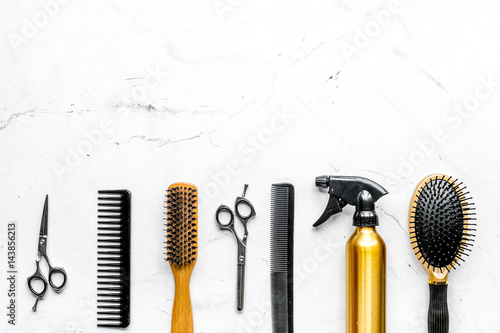 Tools for hairdress in barbershop on white background top view mock up