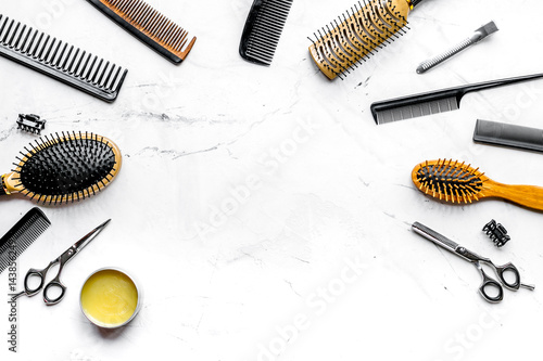 hairdresser working desk with tools on white background top view mock up