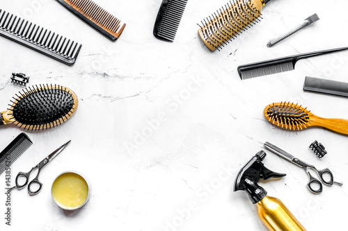 hairdresser working desk with tools on white background top view mock up