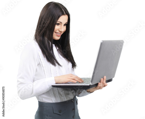 portrait of a woman administrator with laptop on white backgroun
