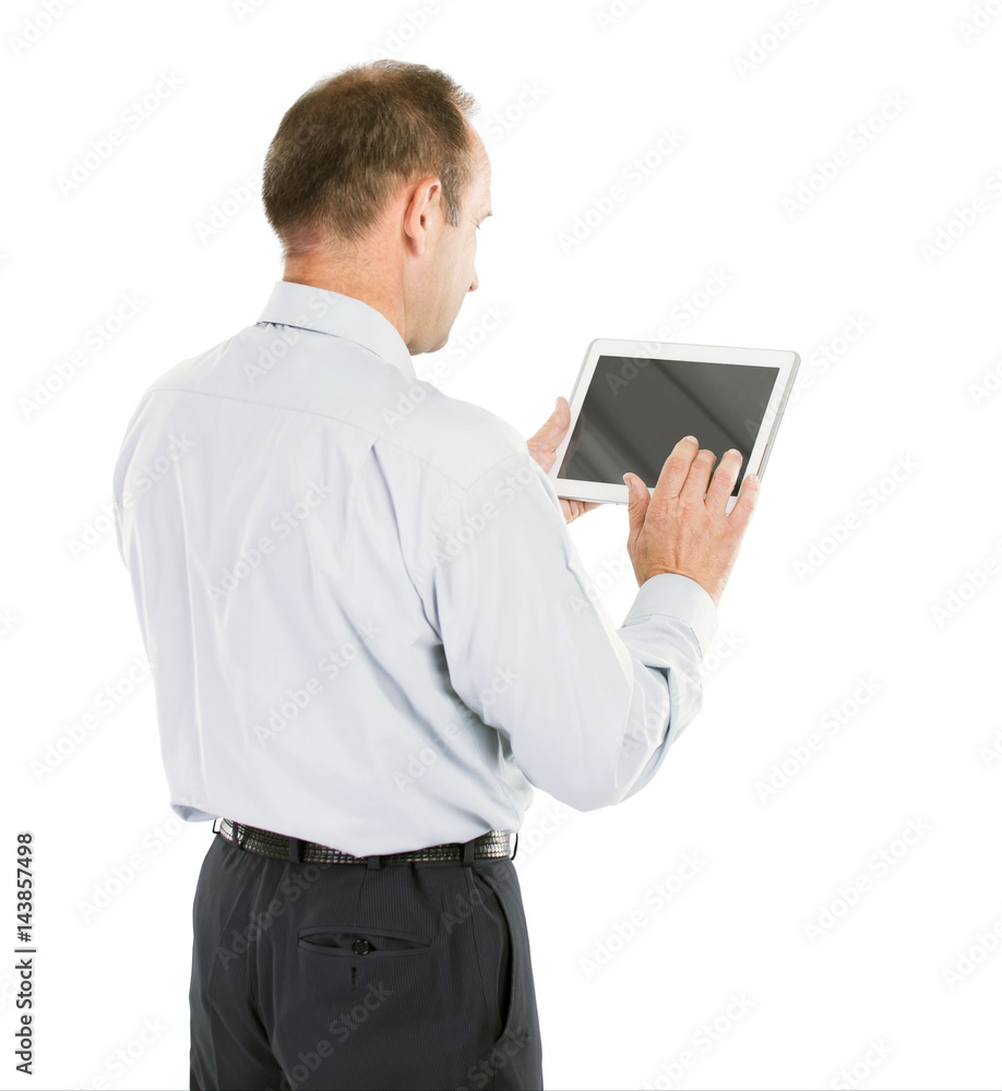 communication. businessman working with tablet on white background communication. businessman working with tablet on white background