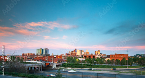 Denver, Colorado downtown skyline at sunset