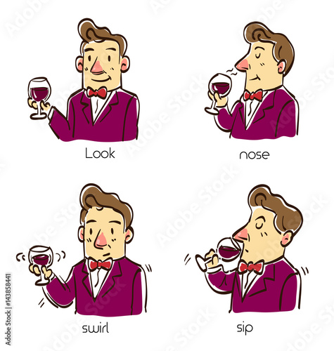 A man taste wine in four steps method, Cartoon vector illustration.