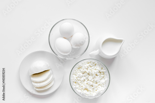 proteic breakfast concept with dairy products on table top view mock-up