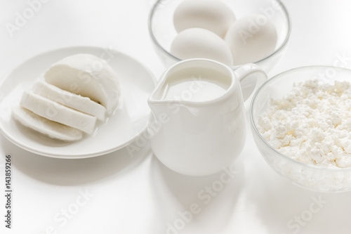 proteic breakfast concept with dairy products on table