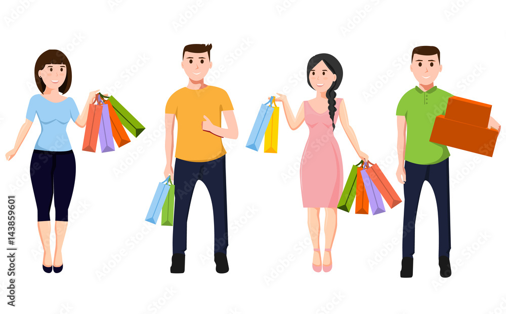 Isolated people with bags and box Isolated people with bags and box