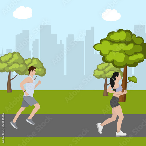 Man and woman running in park