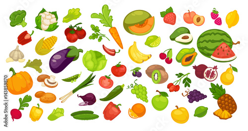 Natural organic fruit and vegetables set on white