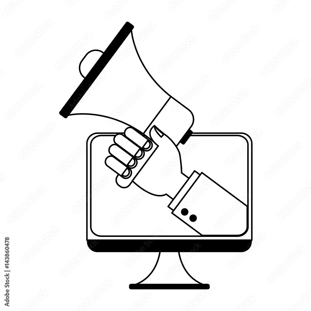 monitor computer with megaphone device icon over white background. vector illustration monitor computer with megaphone device icon over white background. vector illustration