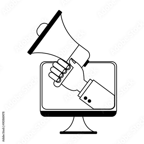 monitor computer with megaphone device icon over white background. vector illustration