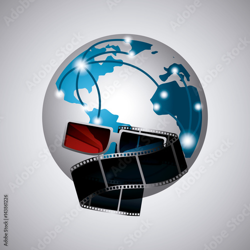 earth planet, 3D glaases and film tape over white background. colorful design. vector illustration photo