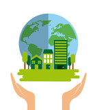 hand with earth planet and sustainability city over white background. save the planet concept. colorful design. vector illustration
