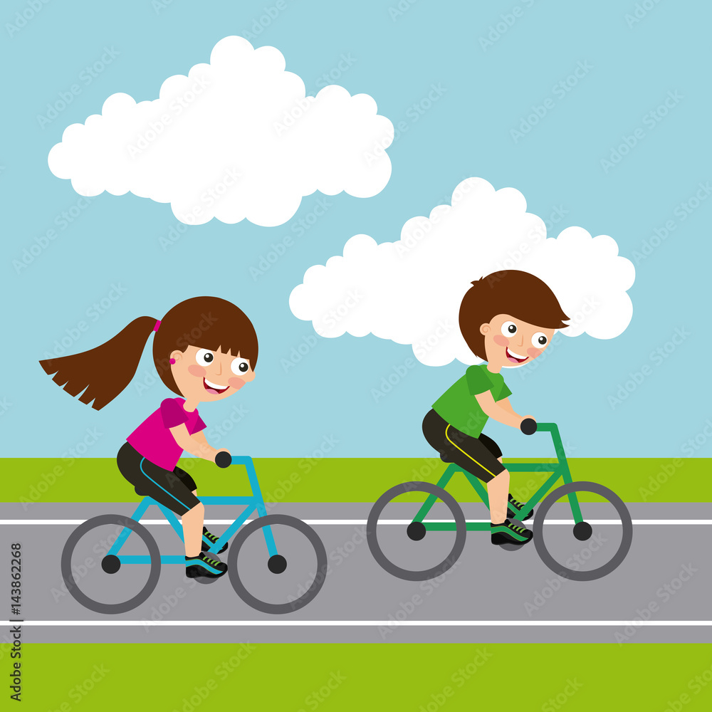 kids riding bicycle, cartoon icon over landscape background. colorful  design. vector illustration Stock Vector | Adobe Stock