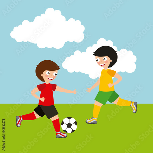 boys playing soccer, cartoon icon over landscape background. colorful design. vector illustration