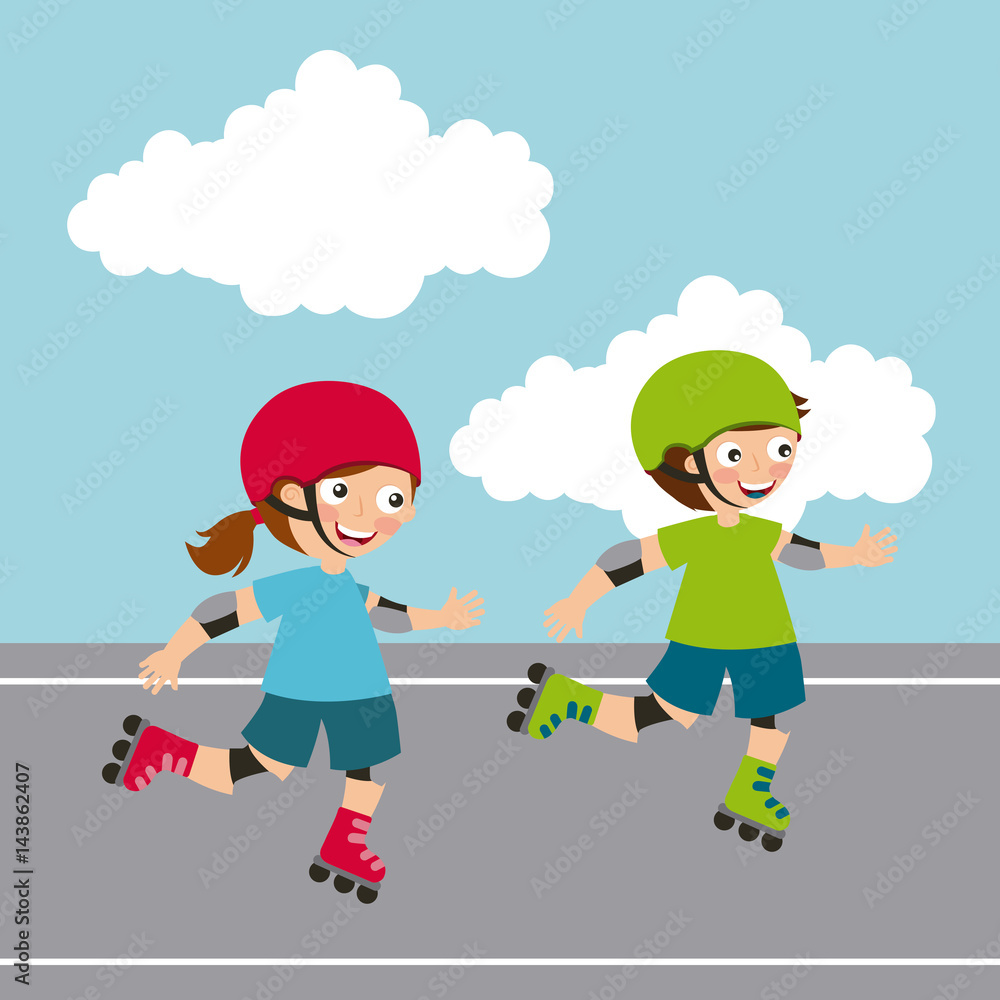 boy and Girl riding skates, cartoon icon over landscape background. colorful design. vector illustration