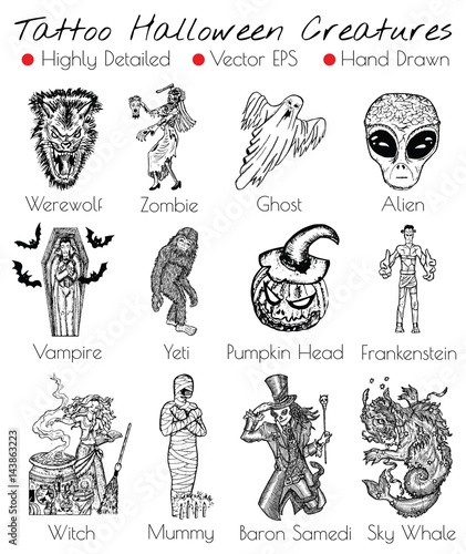 Tattoo set with hand drawn Halloween creatures like Mummy, Vampire etc.  Vector illustration
