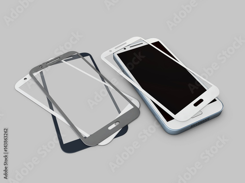 Screen Protector Glass. 3d illustration of transparent glass for mobile phone. on gray background