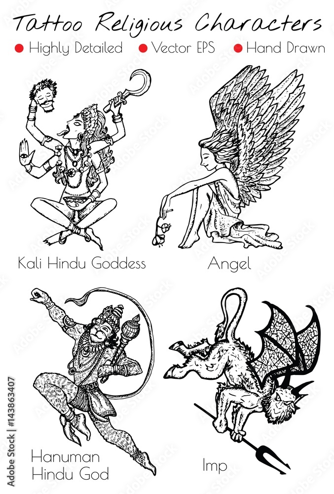 Tattoo set with hand drawn religious characters Kali, Angel, Imp, Hanuman.  Vector illustration Stock Vector | Adobe Stock