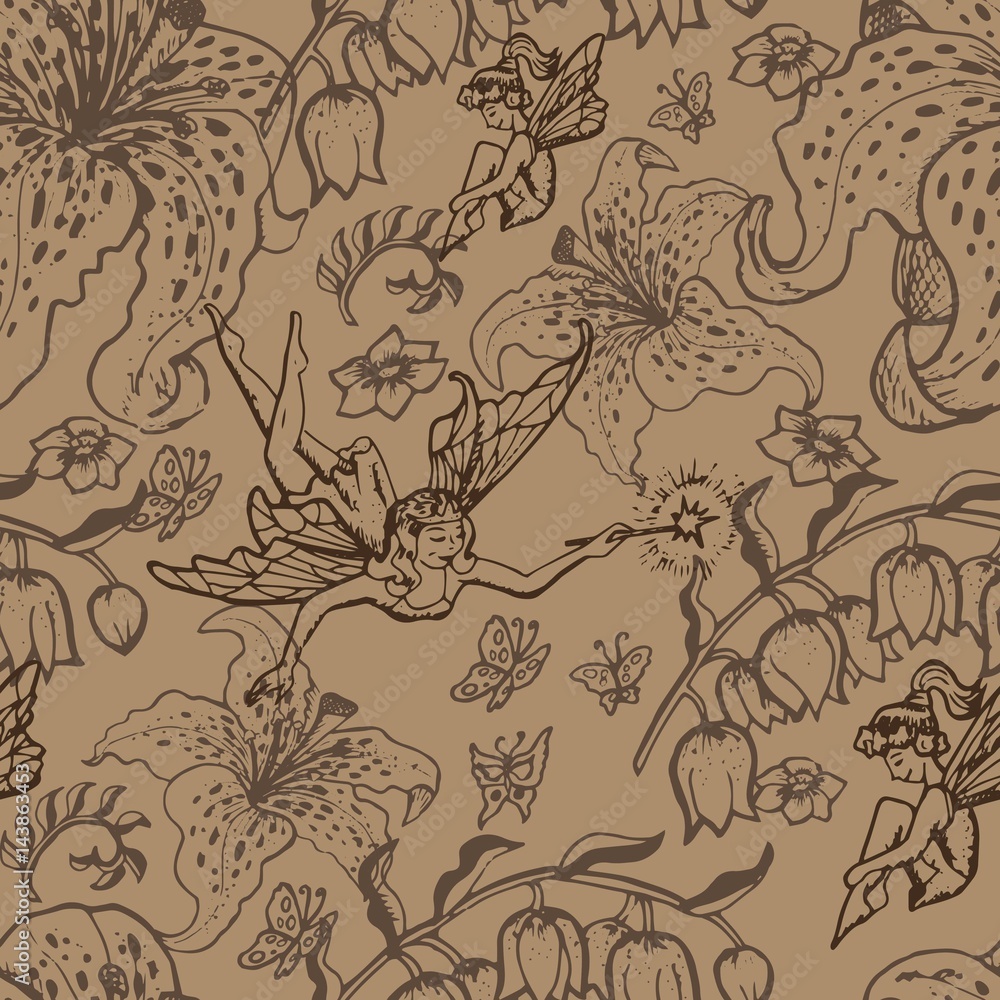 Fototapeta premium Seamless background with fairy girls and flowers. Vector illustration