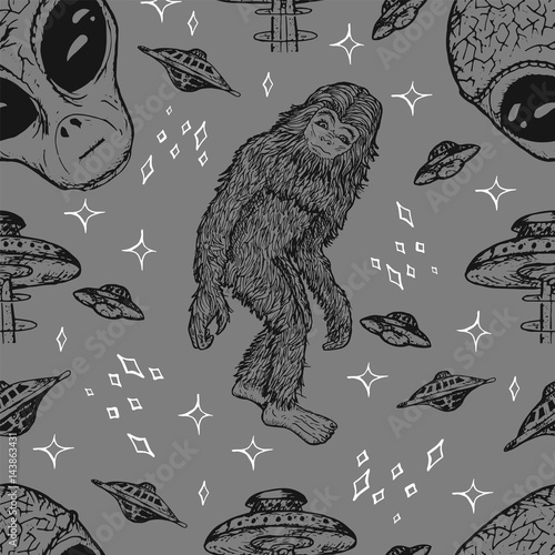 Seamless background with alien and UFO concept.  Vector illustration