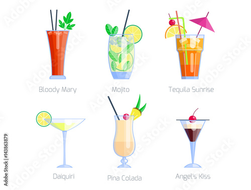 Set of alcoholic cocktails isolated fruit cold drinks tropical cosmopolitan freshness collection and party alcohol sweet tequila vector illustration.