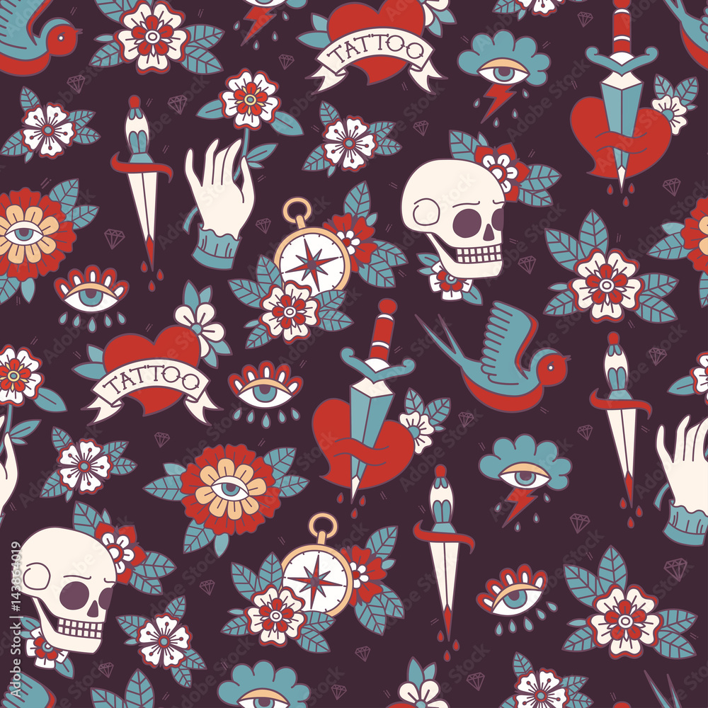 Seamless Doodle Pattern. Traditional Old School Tattoo. Vector background. Stock Vector | Adobe Stock Seamless Doodle Pattern. Traditional Old School Tattoo. Vector background. Stock Vector | Adobe Stock