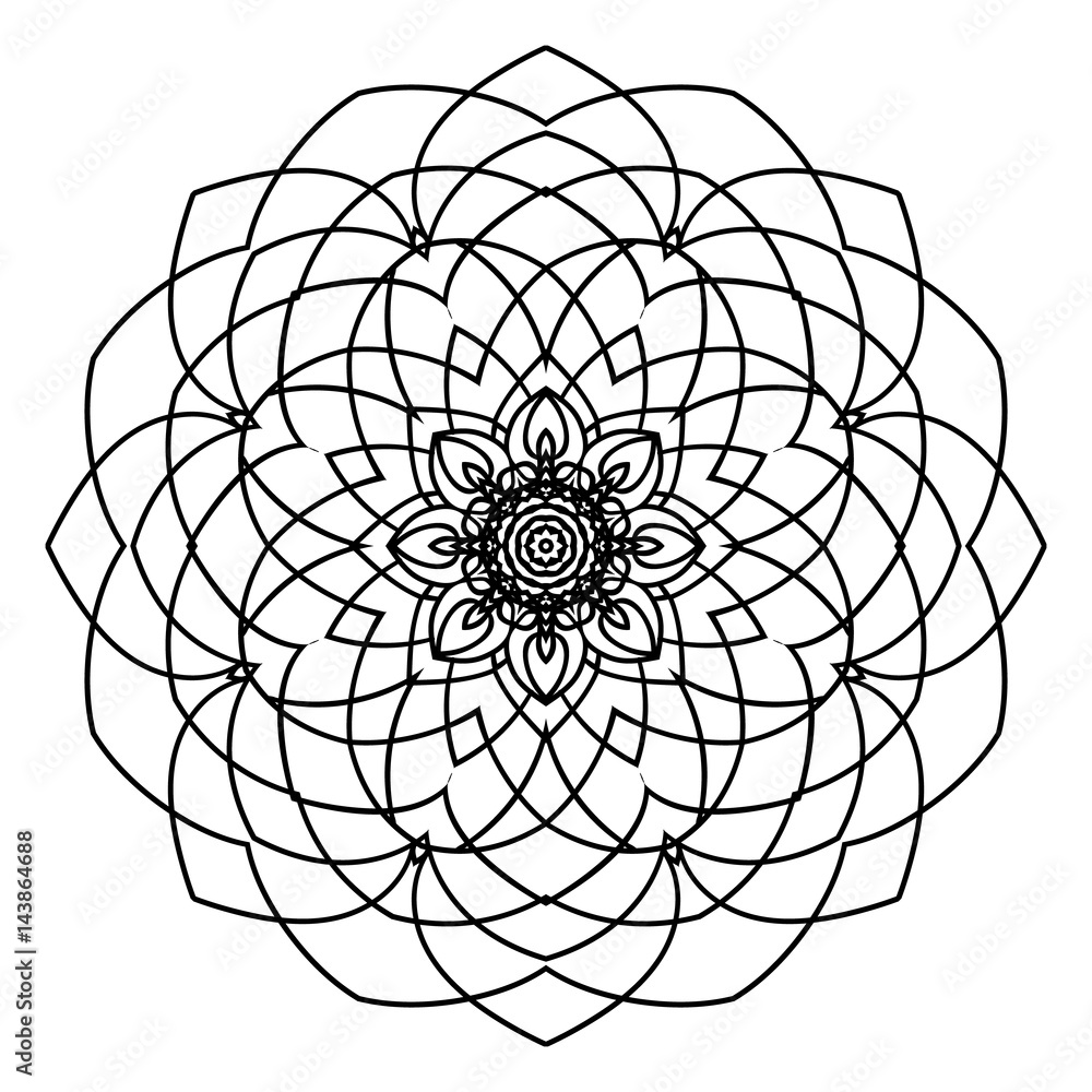 Obraz premium Mandala. Floral, flower oriental. Vector illustration isolated background. Coloring book page. Circle art design tattoo print, circular outline template ornament mandala, ethnic meditation.