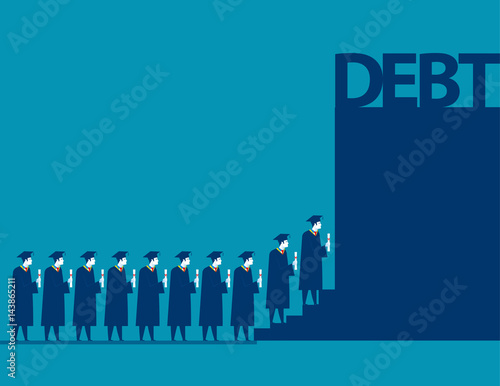 Graduate students walking into debt. Concept business debt illustration. Vector cartoon character and abstract