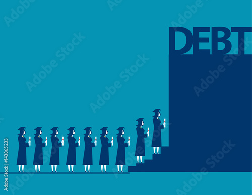 Graduate students walking into debt. Concept business debt illustration. Vector cartoon character and abstract