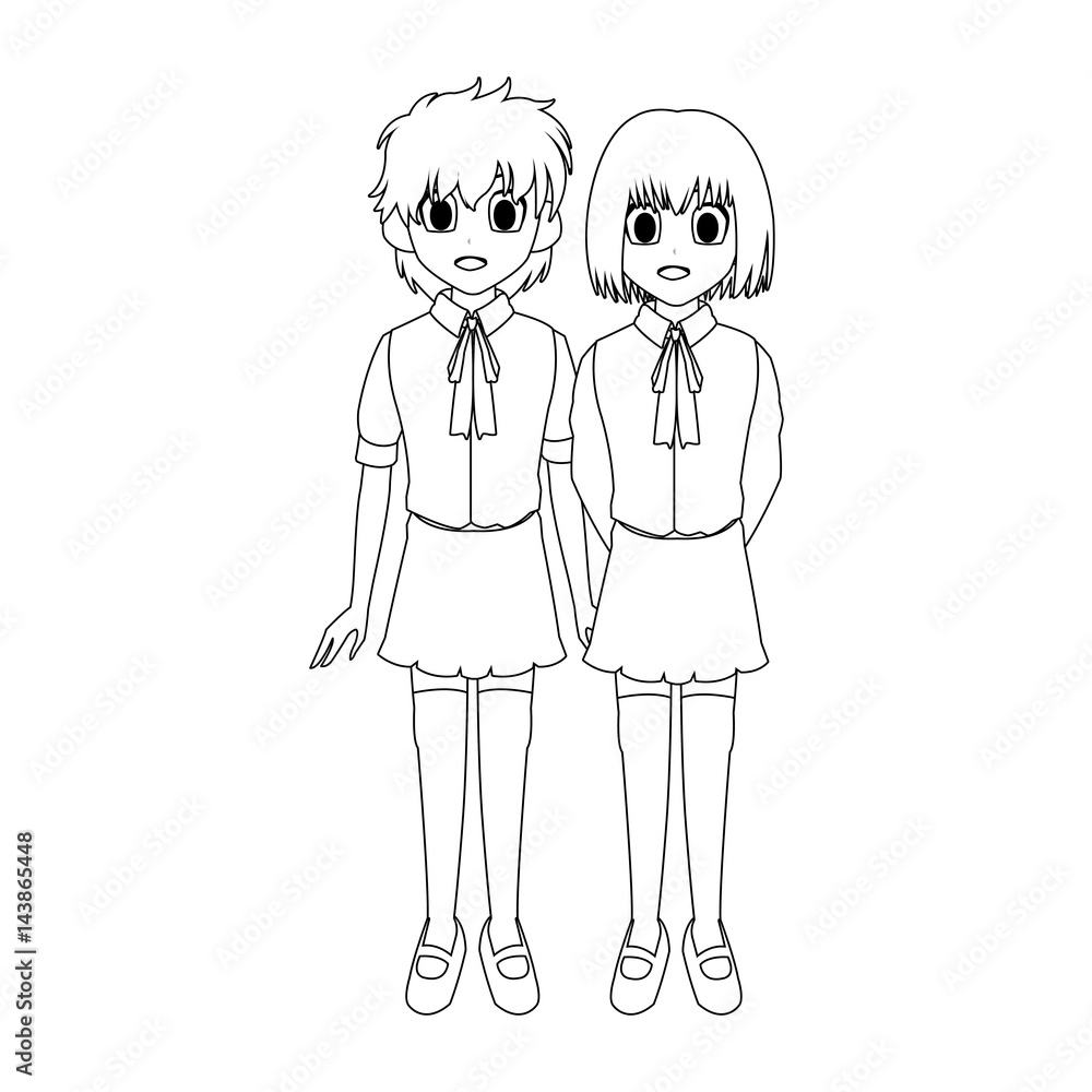 anime girls wearing school uniforms, icon over white background. vector illustration anime girls wearing school uniforms, icon over white background. vector illustration