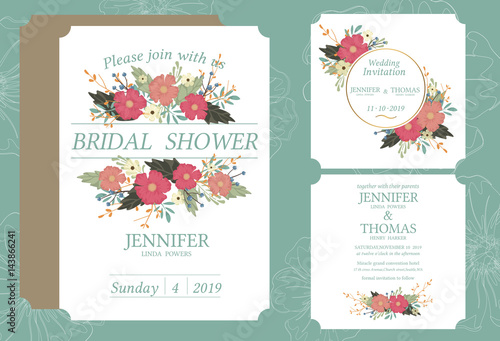 Romantic pink flowers bouquet bride wedding invitation template design. Bridal shower wreath of pink flowers and pine and fir branches.Vector/Illustration