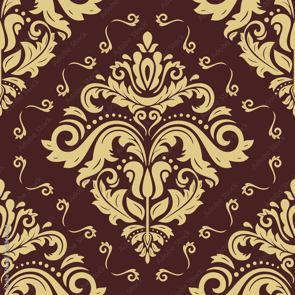 Damask vector classic pattern. Seamless abstract background with repeating elements. Orient brown and golden background Damask vector classic pattern. Seamless abstract background with repeating elements. Orient brown and golden background