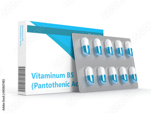 Valokuva 3d rendering of vitamin B5  pills in blister over white