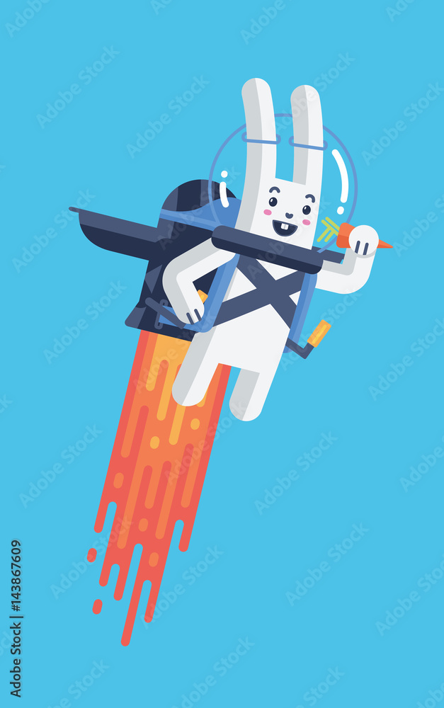 Flying Rocket Jetpack Rabbit Launching in Sky Isolated in Material ...