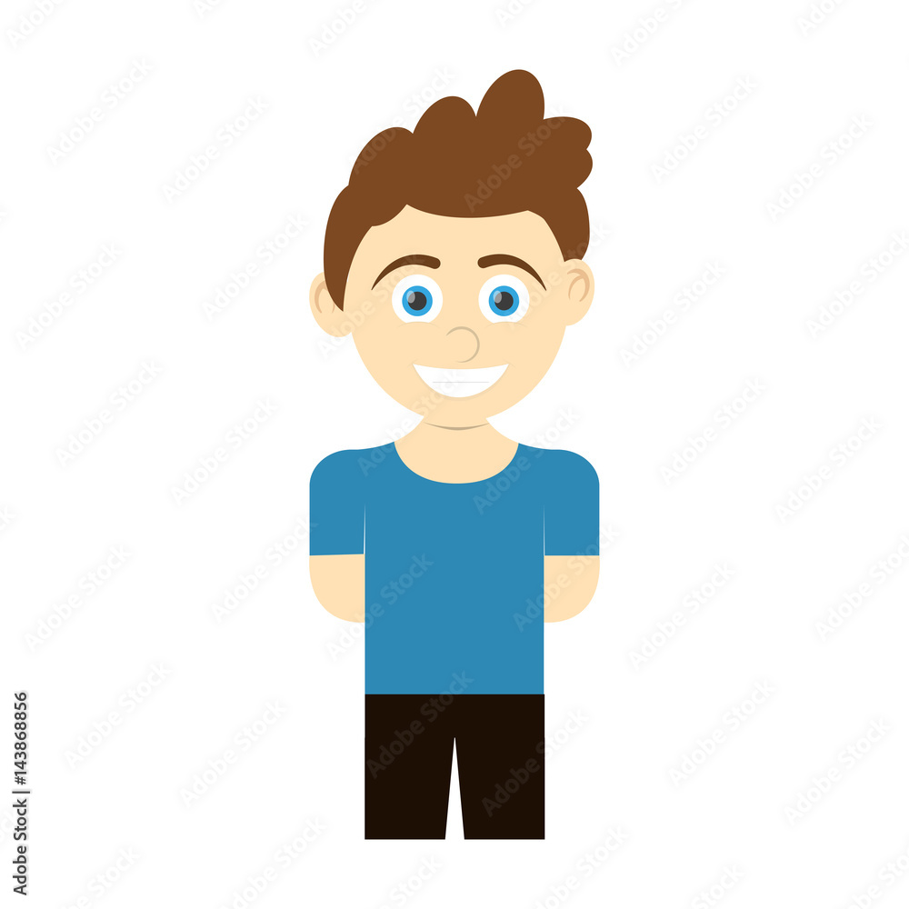 happy boy wearing blue t-shirt, cartoon icon over white background. colorful design. vector illustration