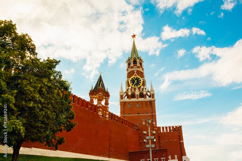 Part of the wall near the Kremlin Spasskaya tower with chimes