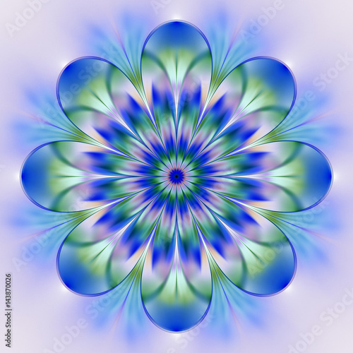 Abstract exotic flower. Psychedelic mandala design in blue and green colors. Fantasy fractal art. 3D rendering.