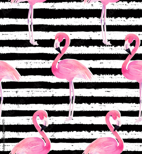 Watercolor seamless pattern. Exotic flamingo with white shadow on striped background. Summer decoration print