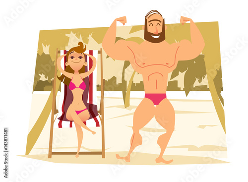 Young woman in bikini on chaise longue. Young man with muscles on the beach.