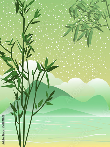 Spring landscape. Asia. Bamboo branches. The mountains.