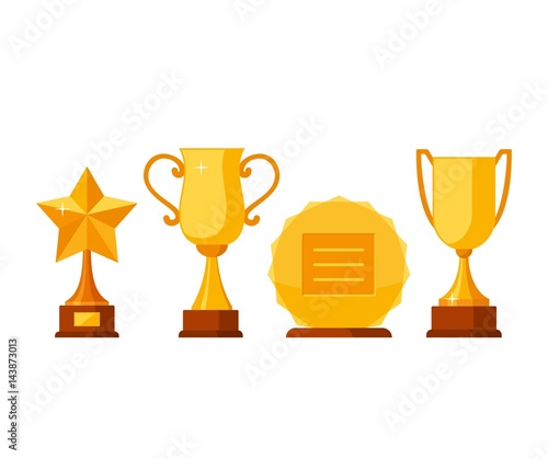 Set trophy winner award collection isolated on white background. Golden cups and awards in flat style. Prizes and rewards made of gold vector illustration.