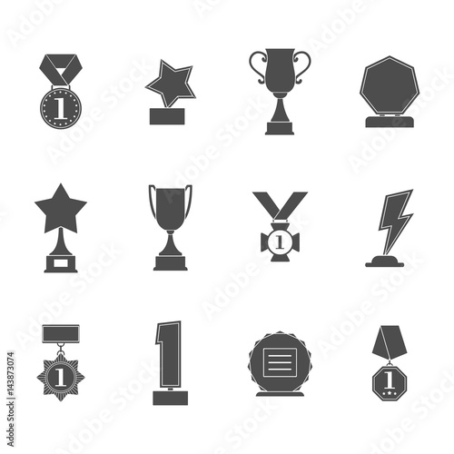 Set trophy winner award icon collection isolated on white background. Prizes and rewards silhouettes vector illustration.