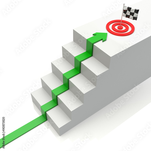 Business graph with rising arrow to target and ladder on white