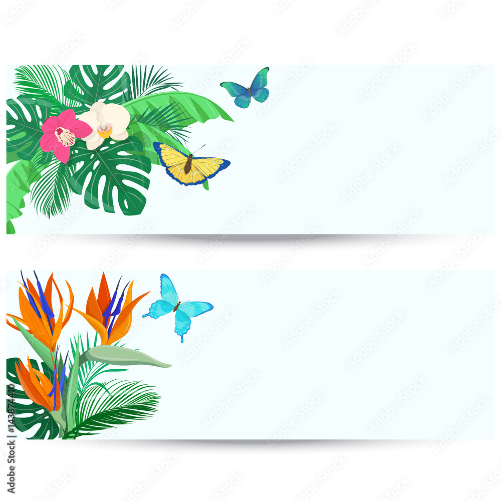 Two banners with tropical leaves, flowers and butterflies